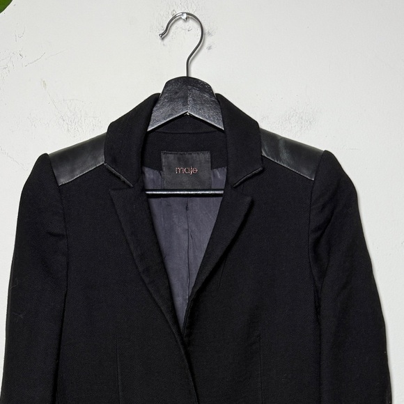 Maje Black Wool Trench Coat w/Black Leather details on Shoulders and Trim - Picture 2 of 13